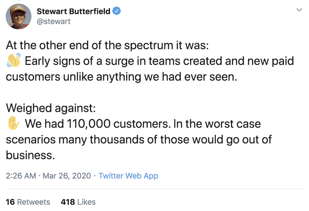 Другой интересный вопрос про чуть более далекое будущее задал сам Stewart Butterfield. Как вы думаете, чья база клиентов более устойчива к турбулентности в экономике, которая ожидает нас в ближайшее время?