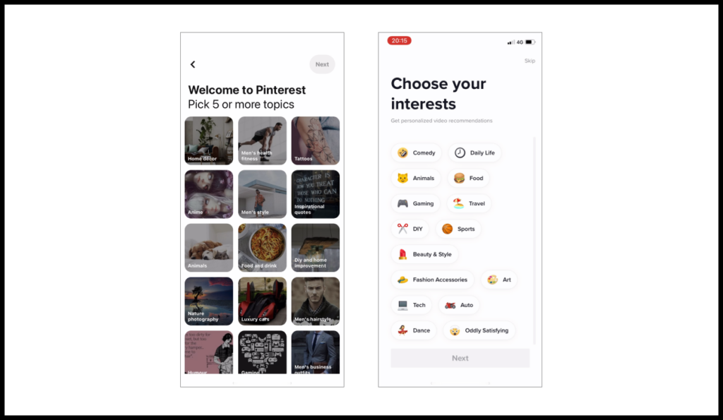 Pinterest, TikTok и другие социальные сети просят пользователя указать их интересы, чтобы лучше рекомендовать им контент в ленте.