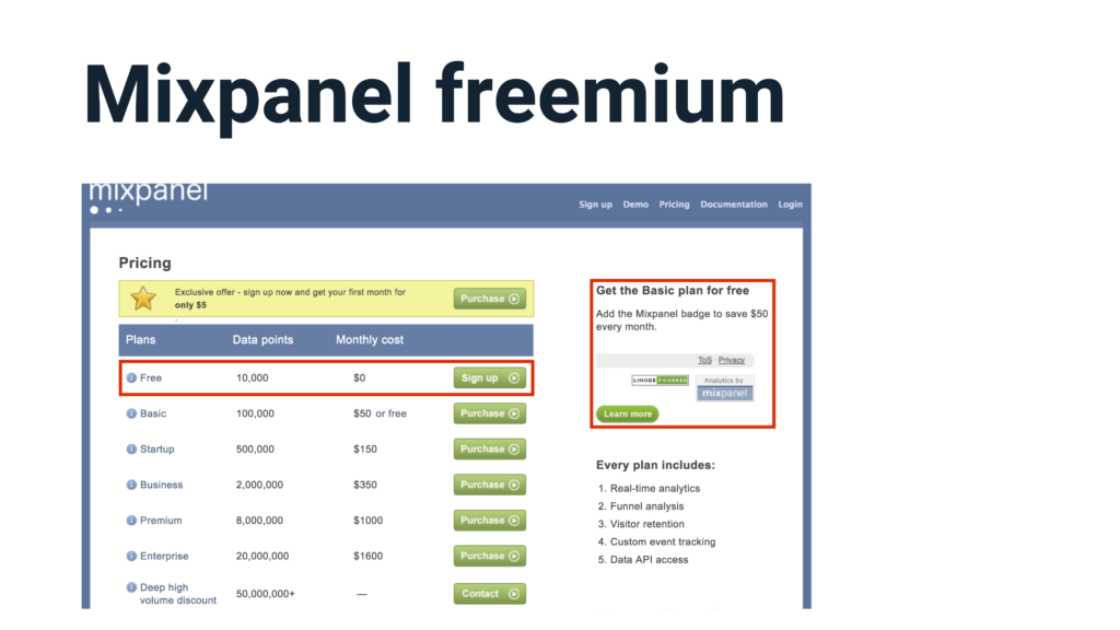 У Mixpanel был бесплатный тариф (у KISSmetrics не было) и возможность бесплатно отслеживать еще больше данных, установив их фирменную плашку на своем сайте.